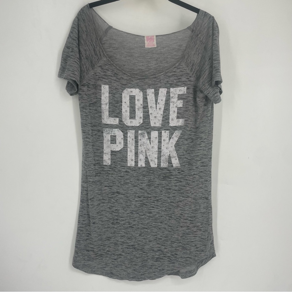 Vintage Y2K Pink Victoria’s Secret Graphic Tee T Shirt Gray Studded Large 2010